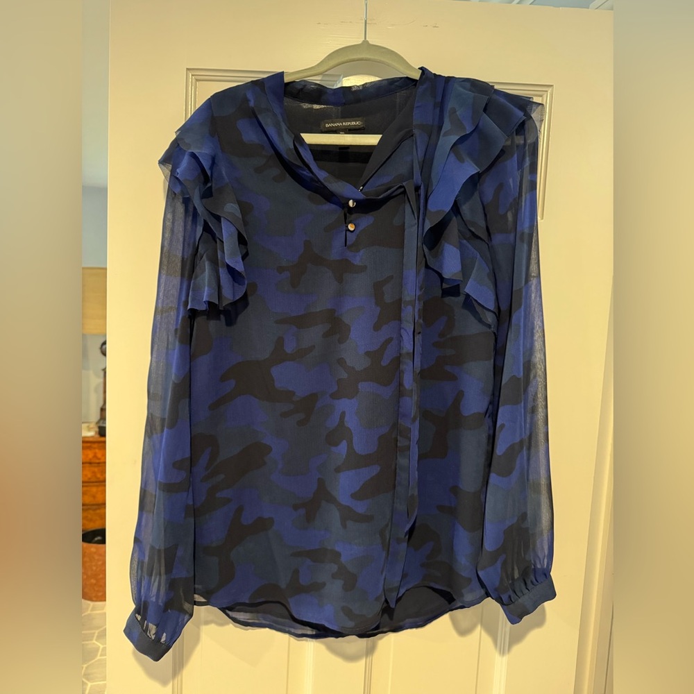 Banana Republic Navy Camouflage Ruffle Blouse